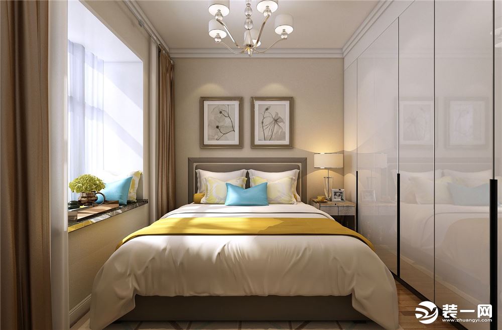 卧室温馨舒适，白色衣柜搭配白色床品，显得干净明亮，每天清晨大大的飘窗洒进来阳光温暖舒适，好不自在。