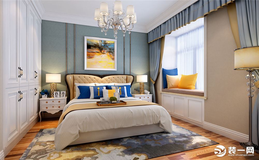 在卧室的休闲空间里，更注重舒适度。蓝色的壁纸和窗帘，给人静谧之感，营造自然放松的氛围。