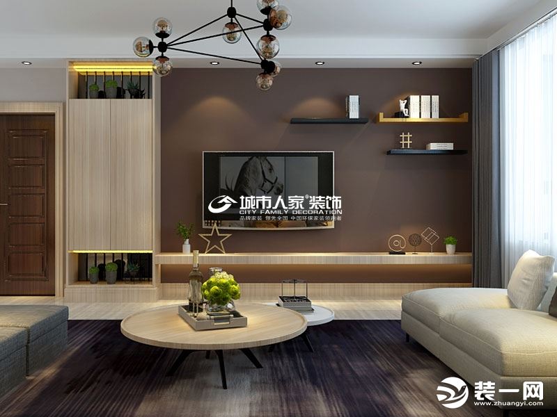 客厅咖色电视背景墙，呈现富有朝气的生活气息，让待客空间更加轻松随意。