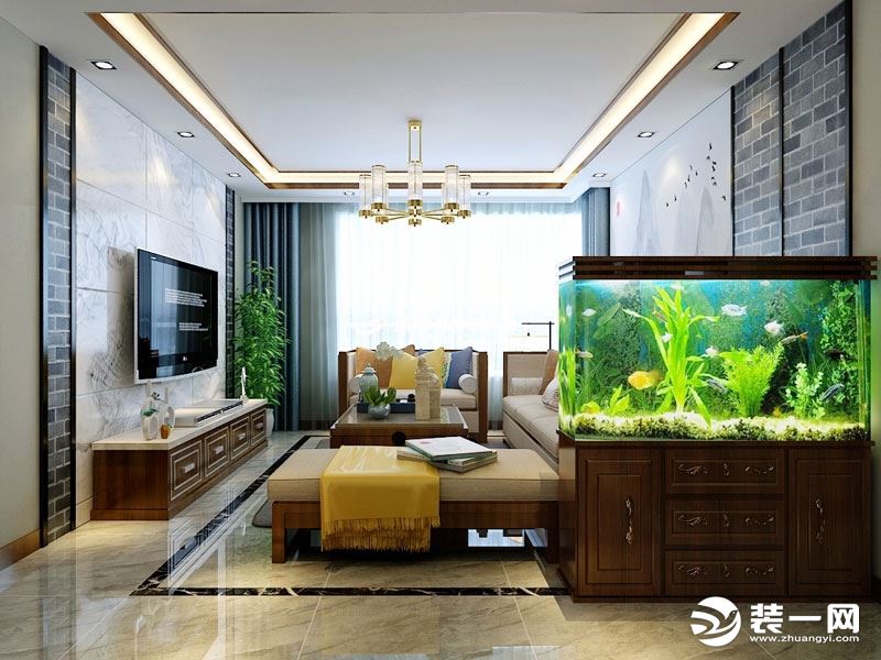 中式风格的室内设计融合了庄重与内敛的双重气质，鱼缸点缀，温馨优雅。