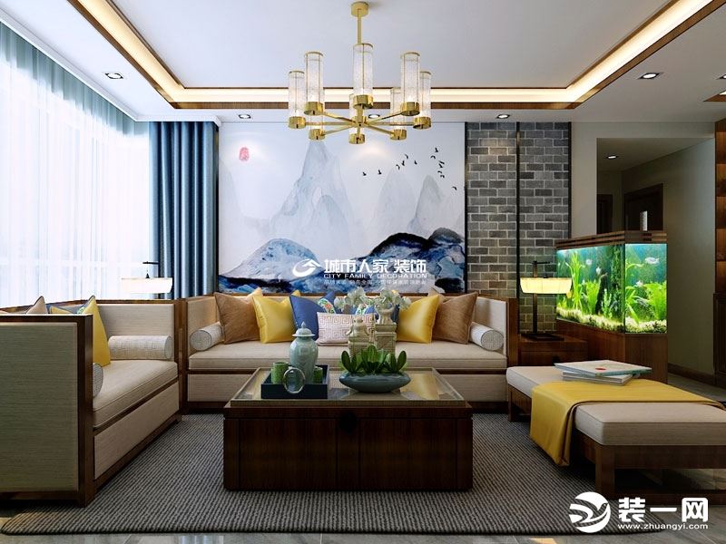 客厅采光明亮，现代沙发宽大舒适，实木茶几和柜子具有传统文化气息。