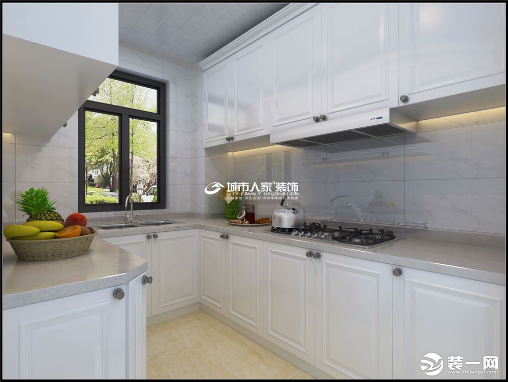 厨房使用白色系为主的橱柜，使的整体空间变得更加整洁大方。