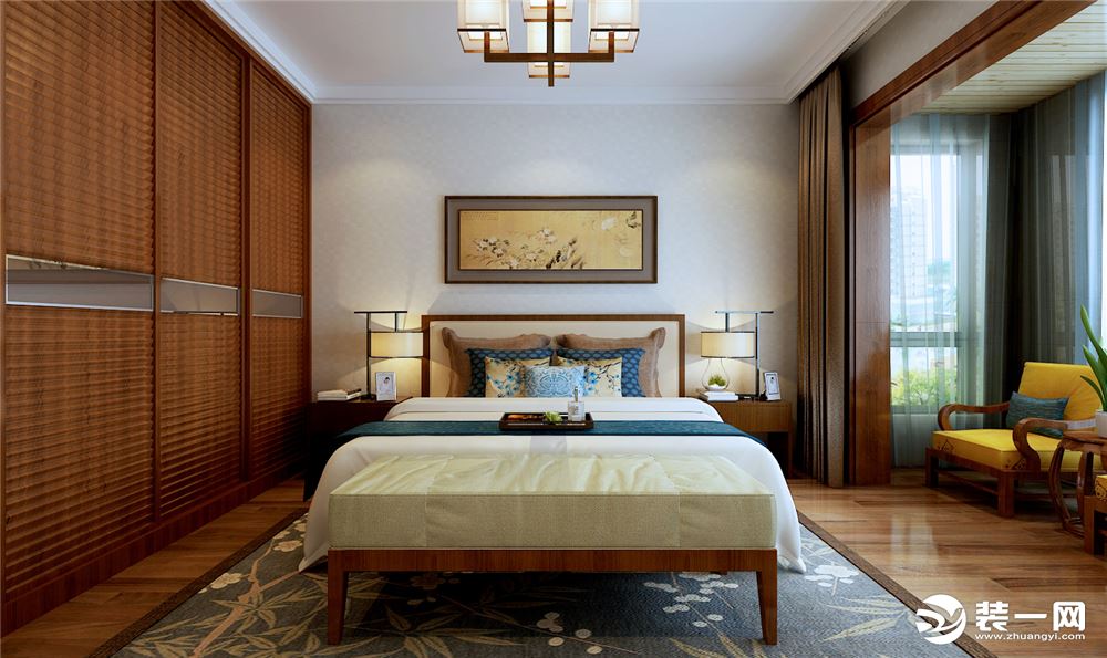 新中式的卧室追求天然的感觉，无论是木材等天然材料的运用，目的都是让休息之所呈现出让人舒适的气氛。