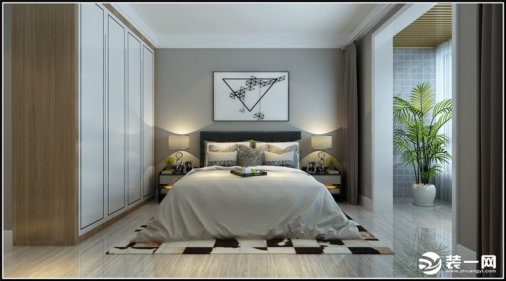 卧室同样以简约为主，大理石地砖+灰色墙面，柔软的灰色床品，散发着一丝舒适惬意的生活气息。