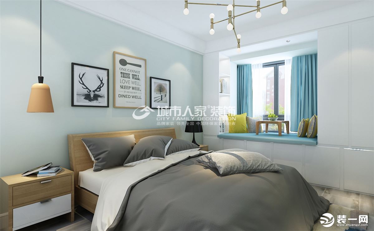 清新蓝色调的卧室显得安静祥和，柔软的毛毯，阳光洒入，收获美好的清晨，夜晚，也能为屋主营造出良好的睡眠