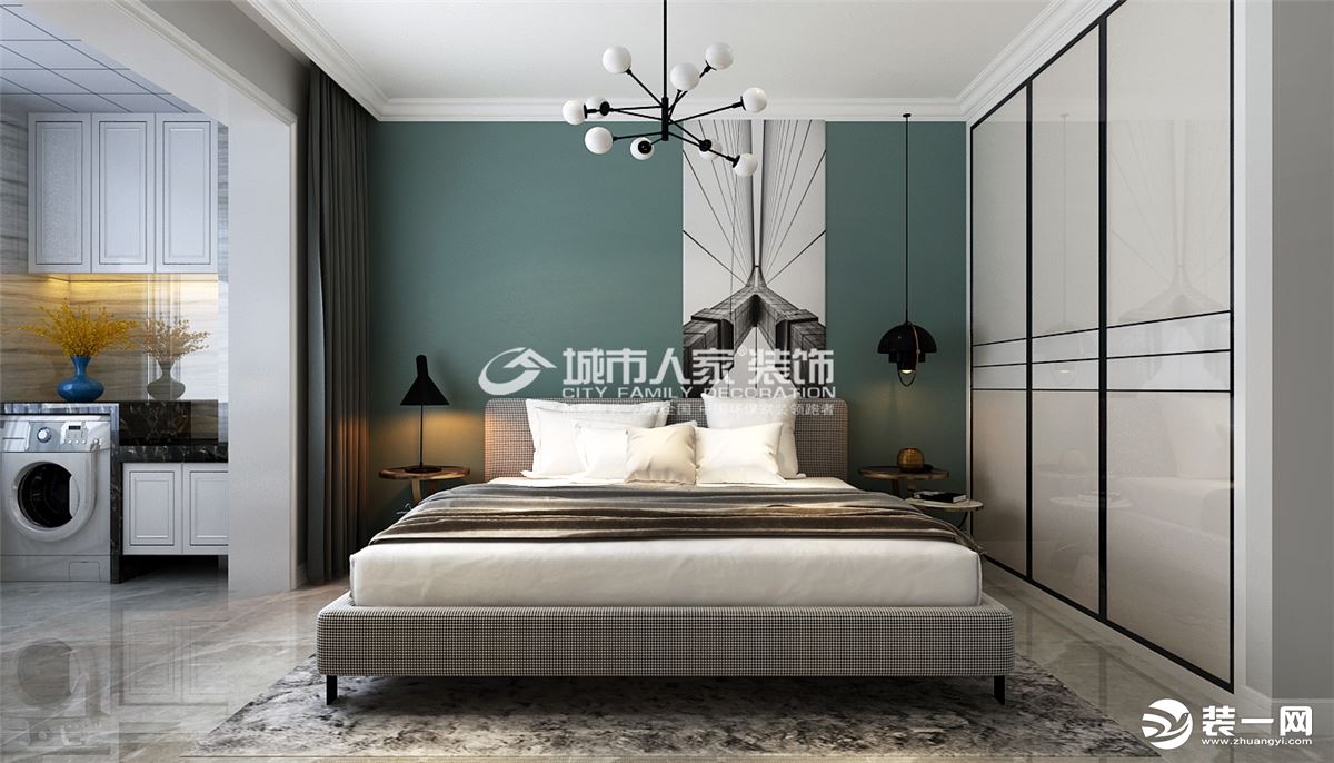卧室注重舒适与时尚，整体空间运用丰富的表现手法，使卧室看似简单，实则干净利落又不失温和质感。