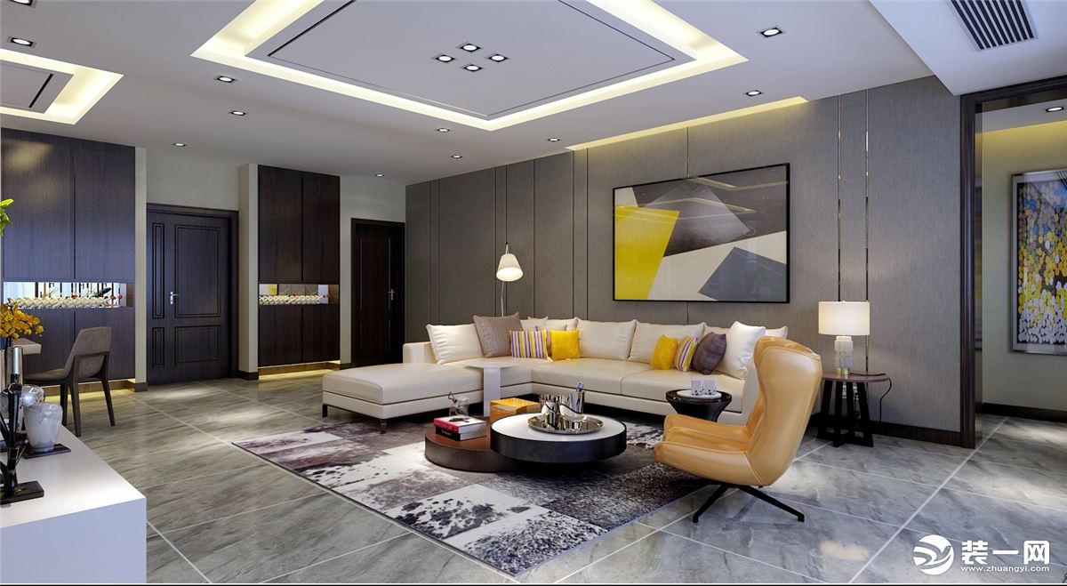 选择黄白印花布，沙发靠垫，天花板用灰色调，在搭配一些绿色植物为衬托，使客厅充满惬意、轻松气氛。