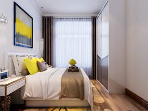 白色床品搭配黄色靠垫格外引人注目，增添了卧室的活力。