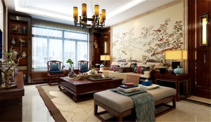客厅沙发背景墙更加讲究对称，选用古色古香的家具，传递出了中国文化的深渊、悠久、厚重、优雅的文化氛围