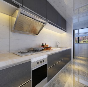 厨房以灰色为主，高柜设计增加了储蓄空间，简单大方。