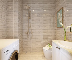 卫生间地砖上墙，白色的洗手台看起来更加干净整洁。