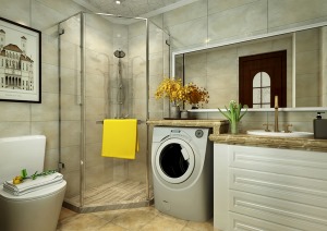 卫生间干湿分离，洗衣机嵌入式处理使空间看起来整洁又美观。