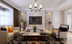 客厅的设计将现代、简洁、时尚融入居室中，利用少量元素来提升品质。