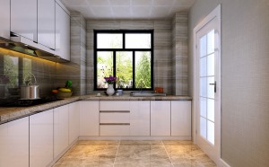 厨房白色的橱柜，L行型设计，增加了空间利用率，也是空间看起来整洁干净。