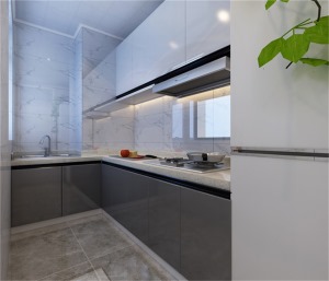 厨房地砖上墙，提高了空间的亮度，银色的橱柜让人眼前一亮，格外显眼。