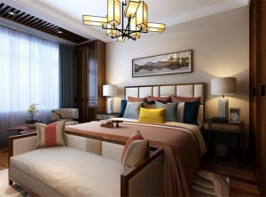 卧室简洁硬朗的直线条，迎合了中式风格家具追求内敛、质朴的设计风格，使得中式风格显得更加实用，根据现代