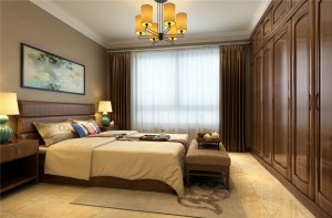 卧室以深色系为主，白色的床品搭配柔和的灯光营造了一种浪漫温馨的休息氛围。