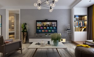 客厅灰色的电视背景墙，不会像白色那么单调，家具的摆放也显得很沉稳，大方。