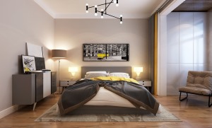 卧室采用了木质地板，保暖性更佳。床头柔和的灯光也是卧室更加温馨、舒适。