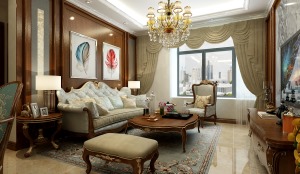 沙发北京区的两幅装饰画，使空间的区域划分更加清晰，复古型的沙发和茶几，进一步彰显了美式风格。