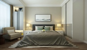 臥室木地板，搭配灰色的床品，白色衣柜，更能體現品質高端生活。