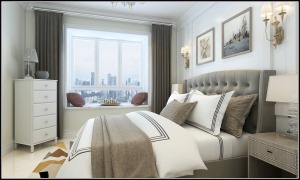 卧室灰白搭配的床品，白色的衣柜，没有更多的装饰物，为主人打造一个简洁舒适的休息空间。
