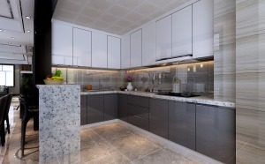 開放式廚房L型設計，擴大了廚房的活動區域，高柜的設計增加了空間利用率。
