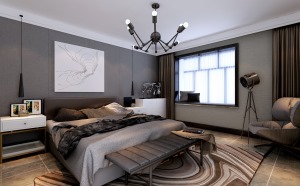 卧室整体灰色设计，呈现出一个奢华又不失品味的卧室。