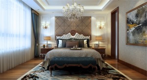 卧室也是延用简欧家具，棕色的地板，一幅油画，打造了典雅、大气的空间。