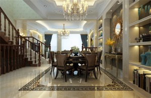 餐厅沿用客厅的色调，漂亮的的水晶吊灯，搭配棕色实木餐桌，营造了一种浪漫的用餐氛围。