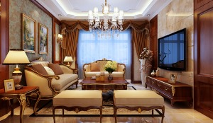 金色沙發和金色地磚盡顯高檔奢華品質，深色窗簾茶幾渾然一體。