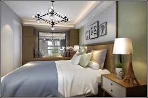 卧室采用的是胡桃木色的床，搭配整体时尚的色调，突显居住者的生活品质和魅力
