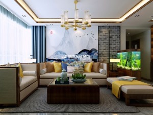 客厅采光明亮，现代沙发宽大舒适，实木茶几和柜子具有传统文化气息。