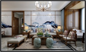 客厅设计主要采用硬朗简洁的直线条，空间有层次感，使得中式家具古典、质朴的内涵显现，又符合现代人的审美
