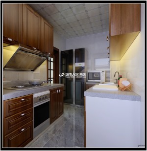 厨房设计采用了实木橱柜门搭配白色的石英石台面，二者搭配在一起毫无违和感，有一种融贯古今的感觉。