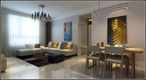 暖色系大理石地砖，搭配灰色布艺沙发，简单舒适，现代大方。