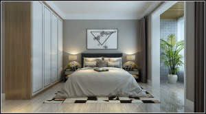 卧室同样以简约为主，大理石地砖+灰色墙面，柔软的灰色床品，散发着一丝舒适惬意的生活气息。