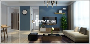 客厅以年轻的现代简约风格基础搭配，蓝色电视背景墙搭配原木电视柜，以壁挂的电视机，整体显得格外的简约大