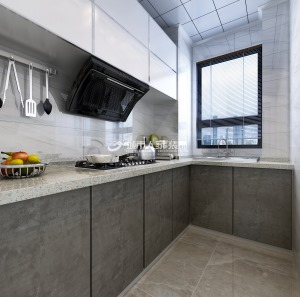 厨房L型设计，充分合理利用空间，整体灰色橱柜，提升空间质感，洗切炒功能区域分明，干净整洁。