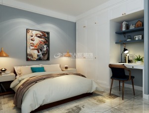 现代简约式的卧室，整体式的衣柜+书桌设计，有效的利用了空间，防止空间的浪费；颜色突出的蓝色抱枕加上暖
