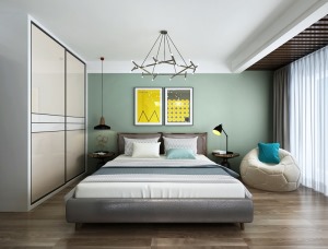 一進入臥室，最吸引人的就是臥室床頭背景墻，運用大色塊冷色壁紙，豐富了空間又不會造成視覺疲勞。不同于其
