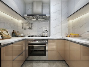 厨房符合简约风格的特点，大量的直线条的运用造型，棱角分明，也增加了空间的立体感，大理石材质的墙砖也是