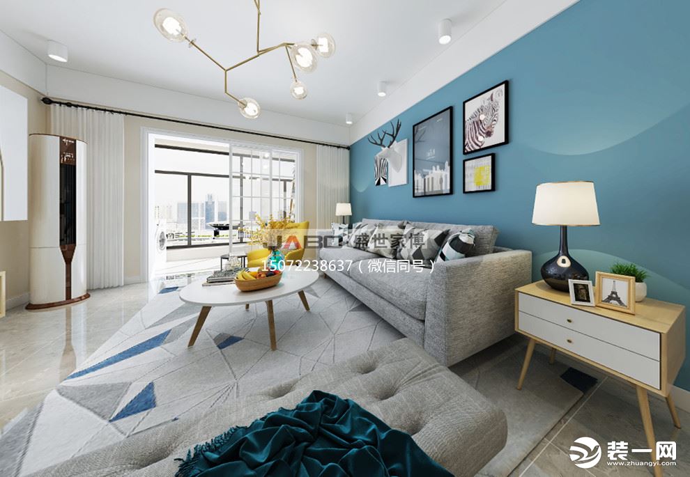沙发背景墙采用灰蓝色调，提亮空间色彩的饱和度