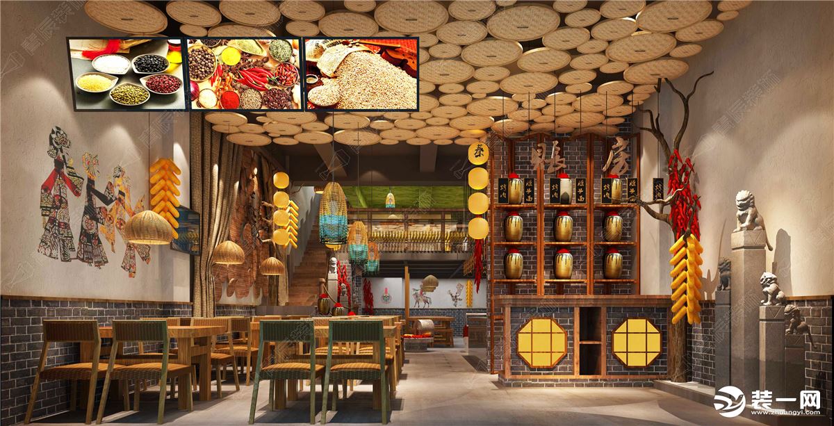 墙上的装饰出自皮影和泥塑，  体现陕西的民族文化  各处的辣椒、玉米和麦穗寓意为五谷丰登，  是最淳