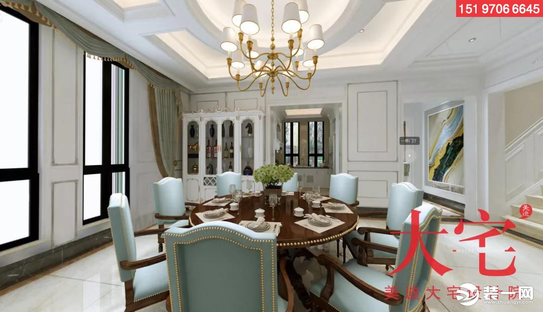 美式风格别墅餐厅效果  可以容纳10人大圆桌，逢年过节，家人团聚，宾客欢至