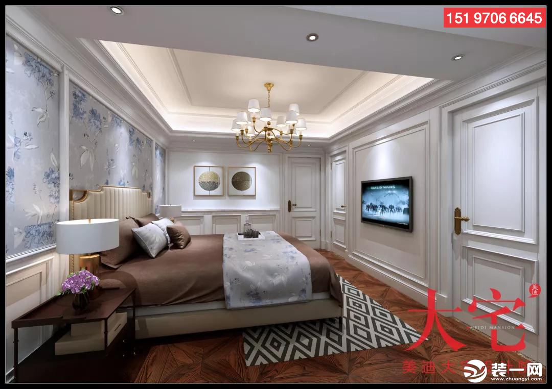 美式风格别墅二楼次卧效果  床头施以背景，或是金色的奢华或是淡蓝的典雅。  天蓝纯真的儿童房，带给小