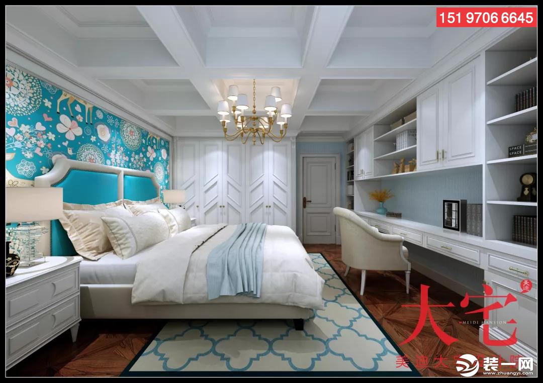 美式风格别墅二楼次卧效果  床头施以背景，或是金色的奢华或是淡蓝的典雅。  天蓝纯真的儿童房，带给小