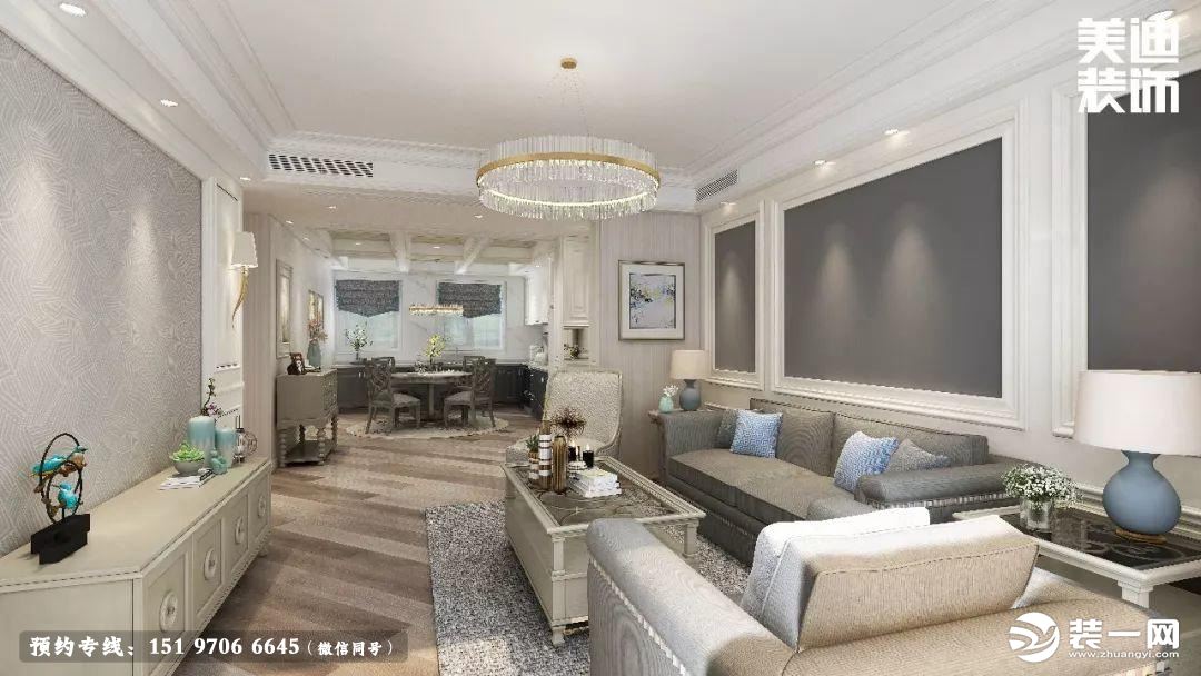 白色、灰蓝色背景墙的简约柔和与浅灰色家具相得益彰，产生恰到好处的舒适度