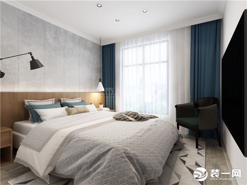 卧室因为大落地窗而采光充足，整个空间通明几净米色背景墙与浅色床品搭配，增加了舒适感