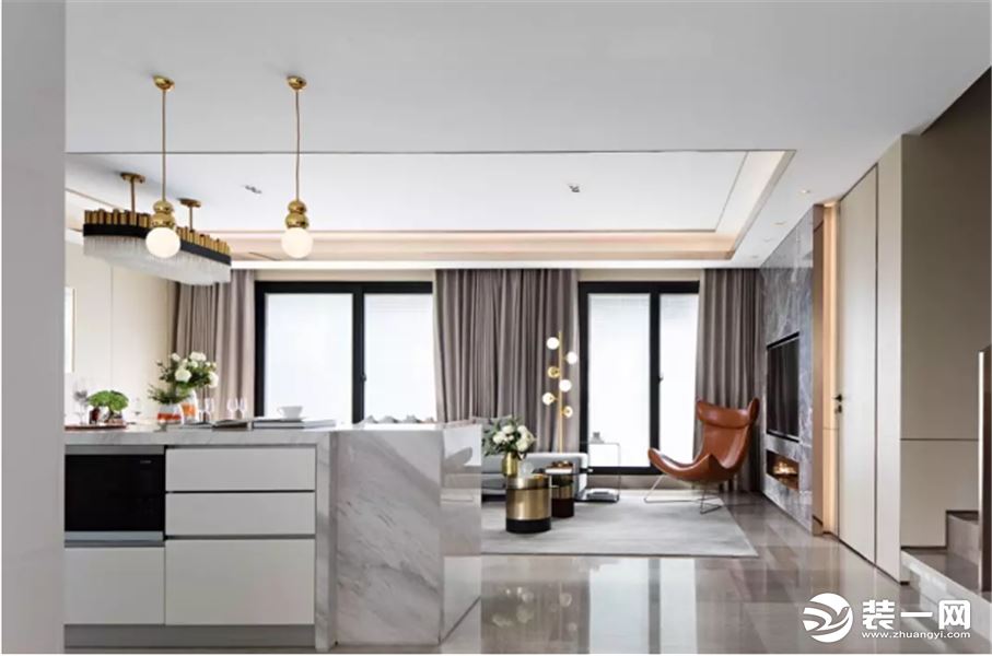 星河国际 190平 四居室  现代简约  厨房 中岛  客厅 装修效果图